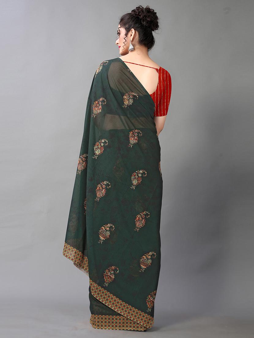 dark green georgette printed saree with blouse - 18683212 -  Standard Image - 1