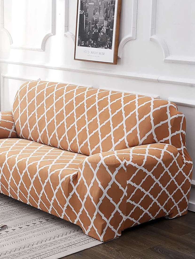 polyester spandex printed sofa cover -beige diamond-double seater - 18684613 -  Standard Image - 1