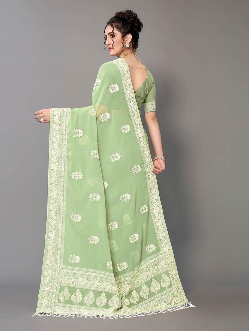 green georgette embroidered saree with blouse - 18685825 -  Standard Image - 1