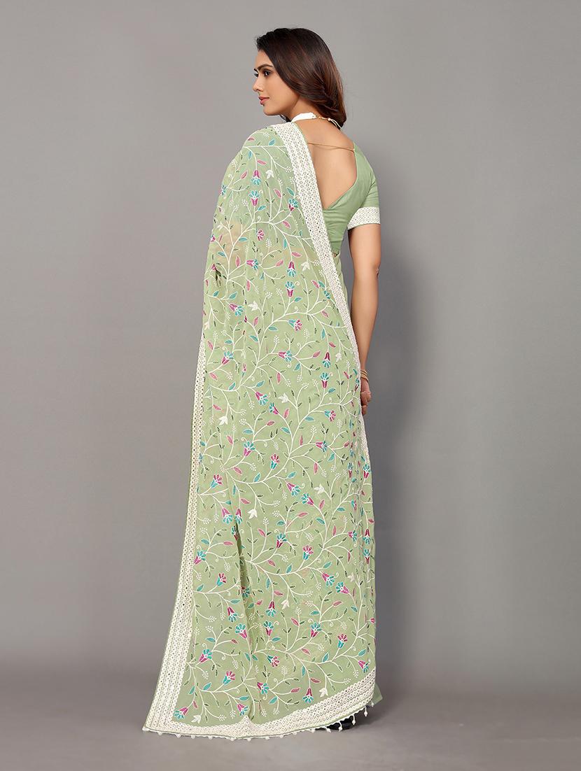 green georgette embroidered saree with blouse - 18685835 -  Standard Image - 1