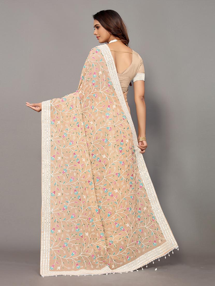 cream georgette embroidered saree with blouse - 18685839 -  Standard Image - 1