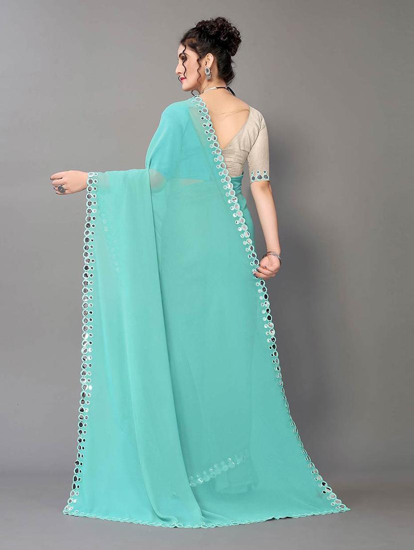 turquoise georgette plain saree with blouse - 18685849 -  Standard Image - 1