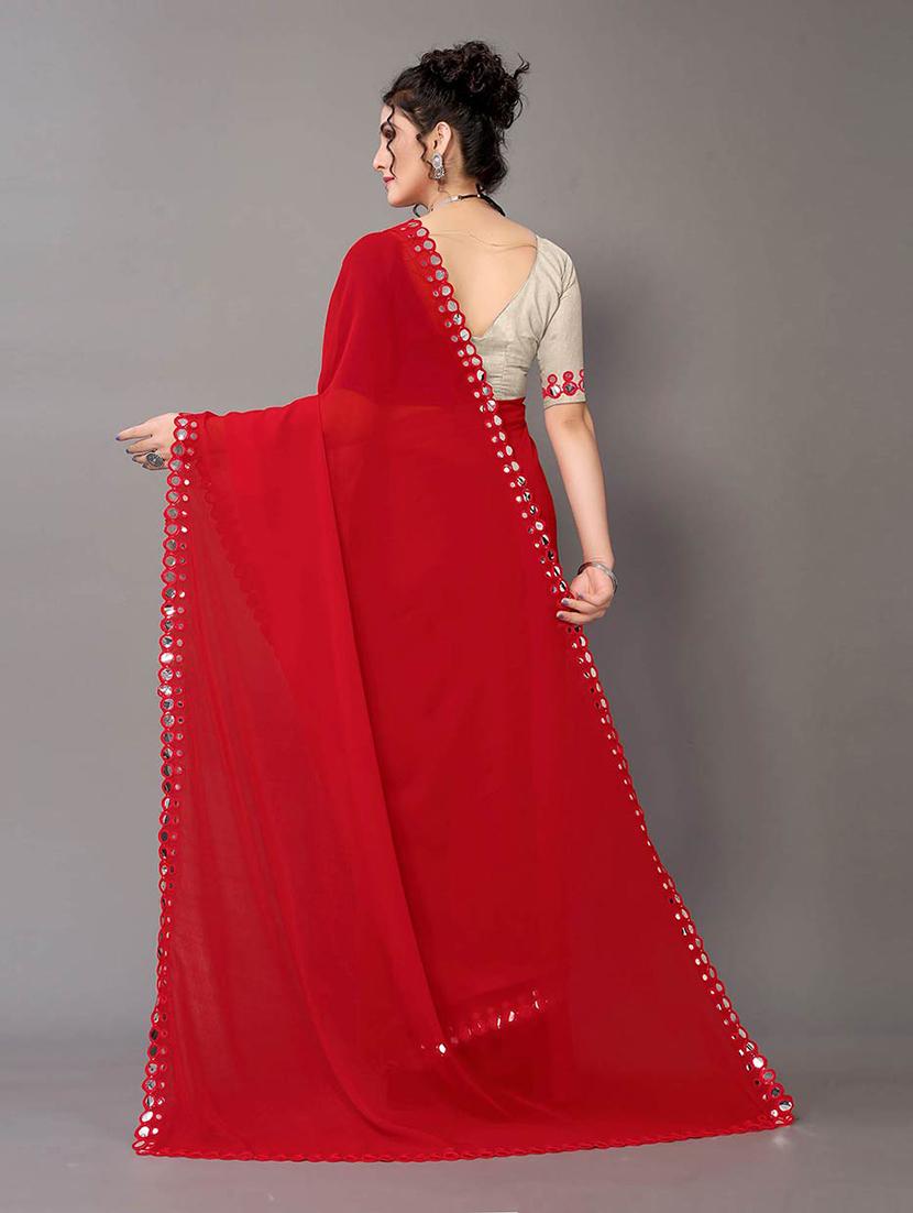 red georgette plain saree - 18685850 - Standard Image - 1
