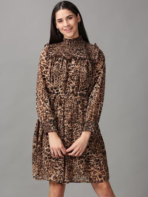 brown printed fit & flare dress - 18688426 -  Standard Image - 0