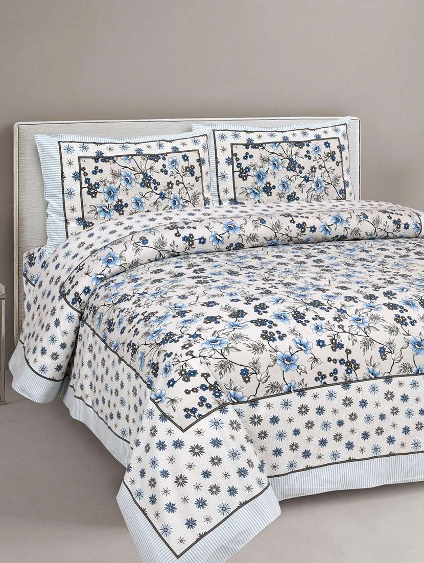 uniqchoice 180 tc blue color floral printed king size bedsheet with 2 pillow cover (eleg-31-blue)