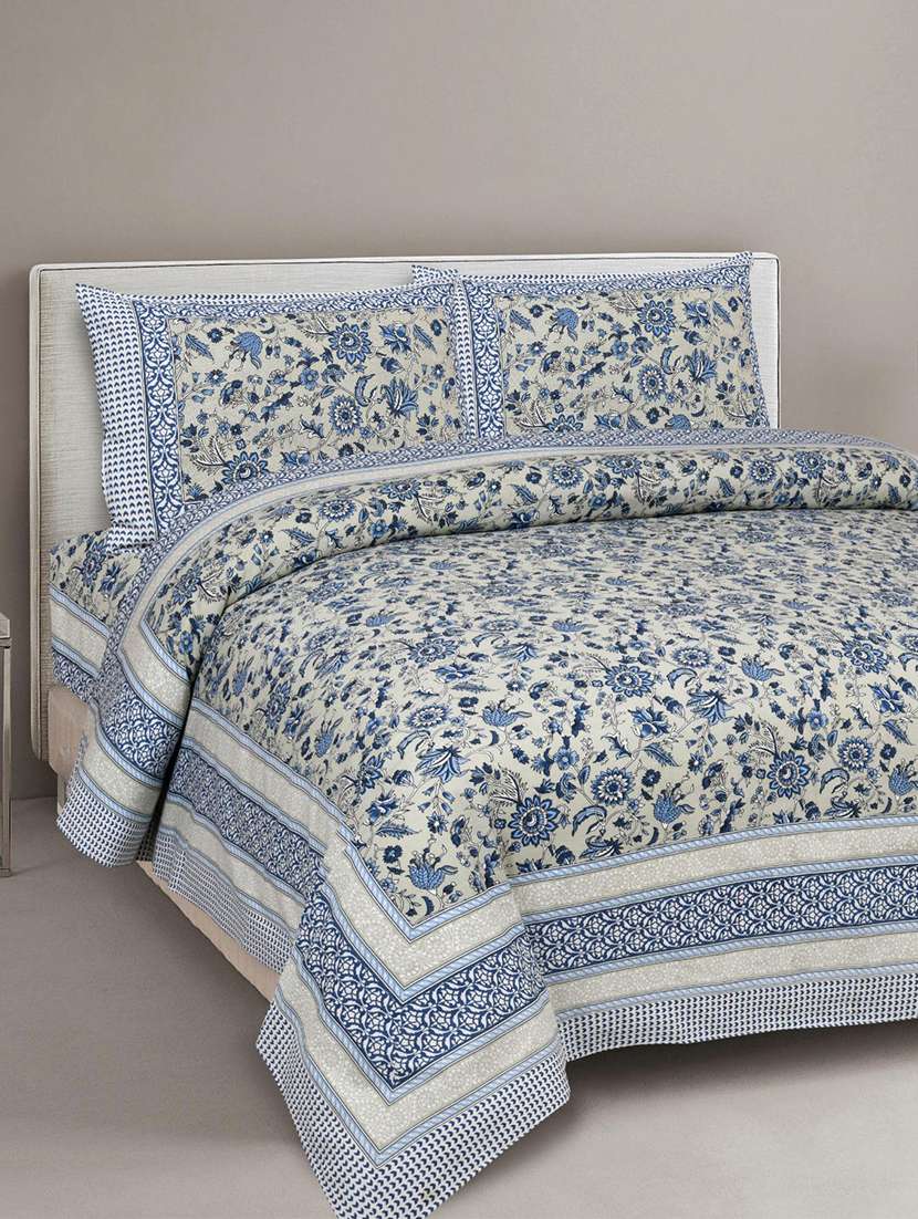 uniqchoice 180 tc blue color floral printed king size bedsheet with 2 pillow cover (eleg-33-blue)