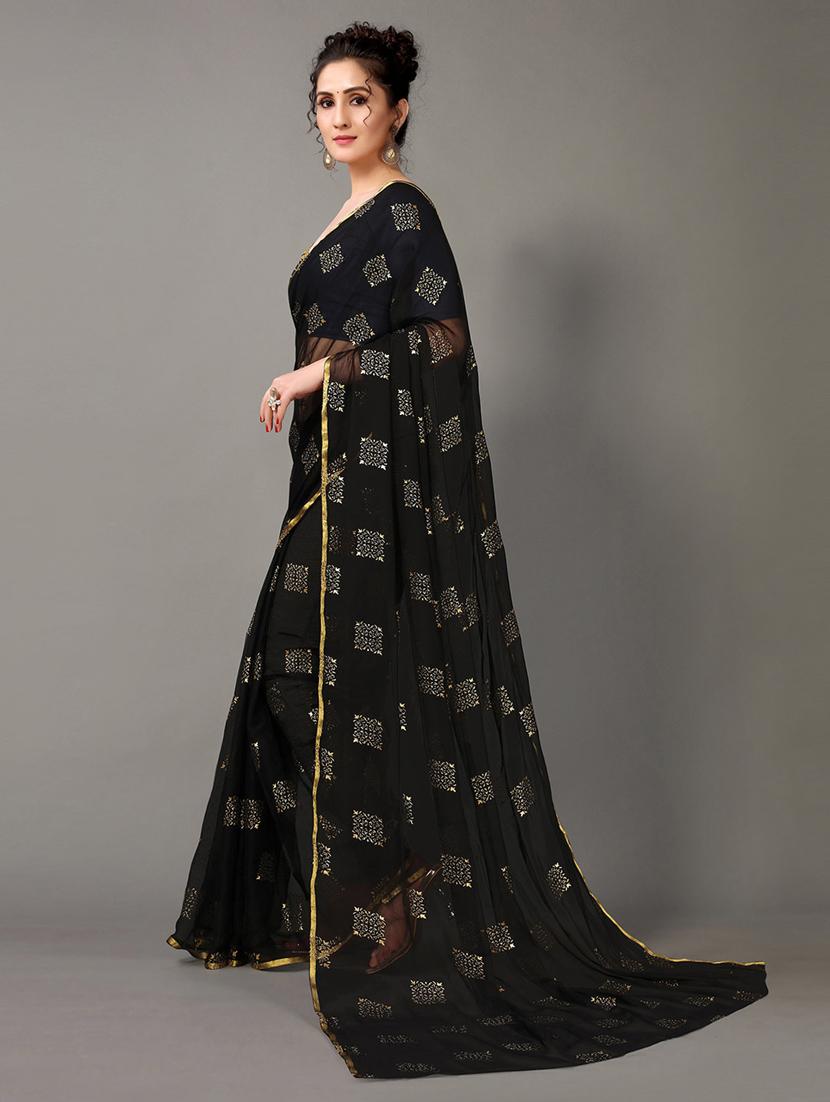 black chiffon printed saree with blouse - 18688644 -  Standard Image - 1