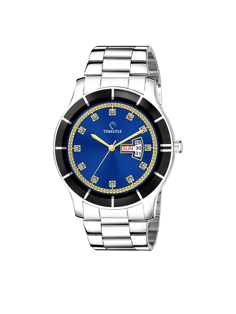 paul royal blue day and date functional watch with metal chain strap for men