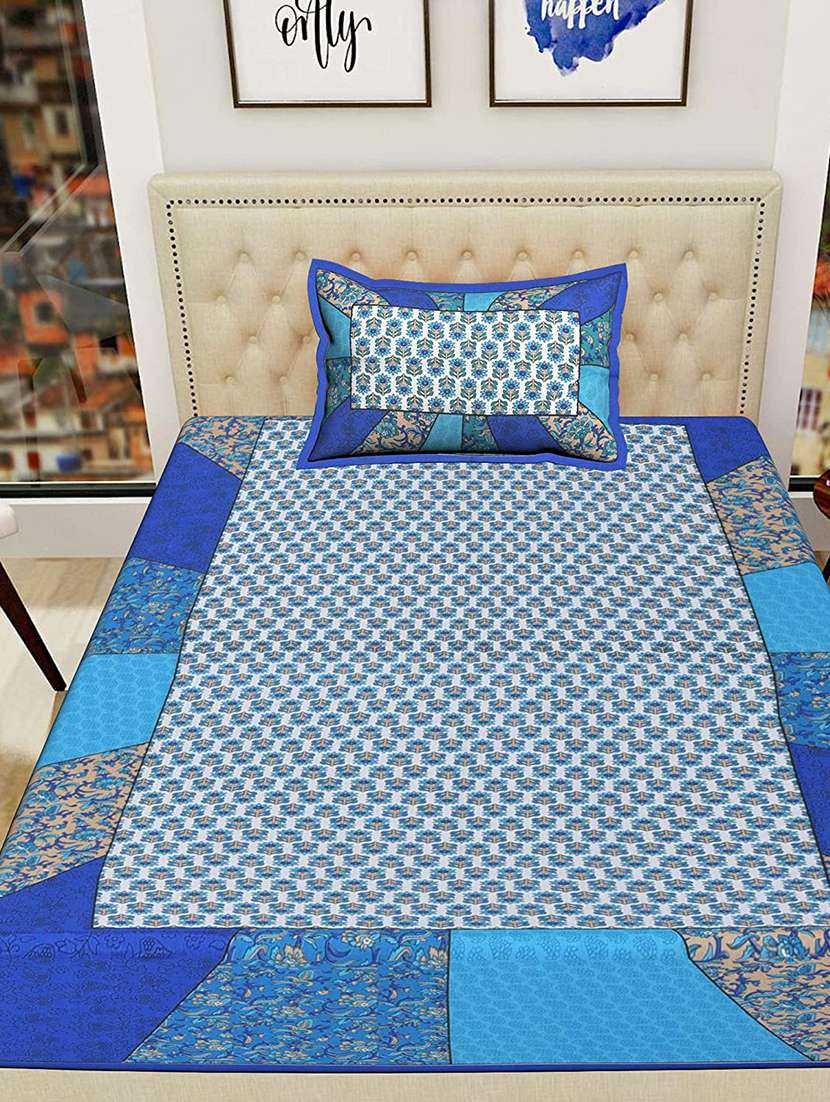 uniqchoice 100% cotton blue color jaipuri single bedsheet with 1 pillow cover,1+1_single_65_blue