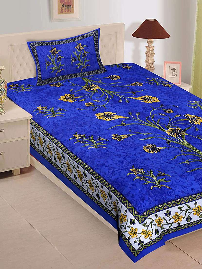 uniqchoice 100% cotton blue color jaipuri single bedsheet with 1 pillow cover,1+1_single_74_blue
