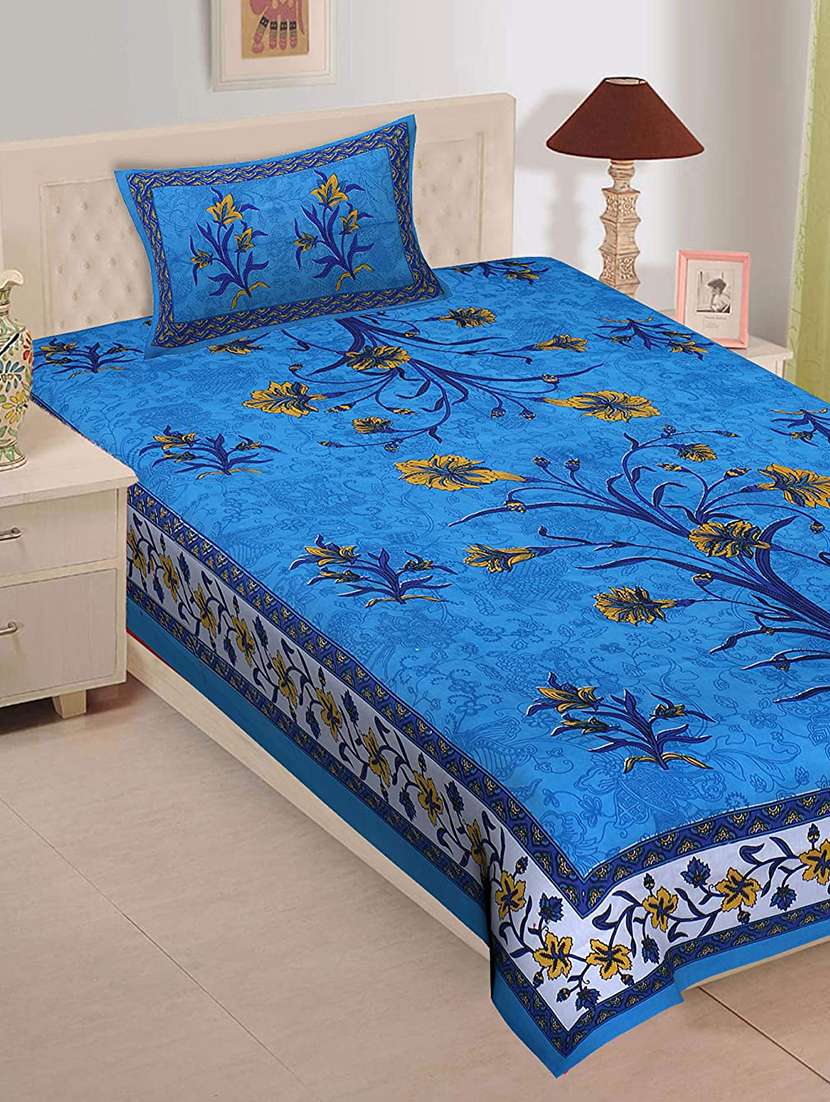 jaipuri single bedsheet with 1 pillow cover,1+1_single_74_blue
