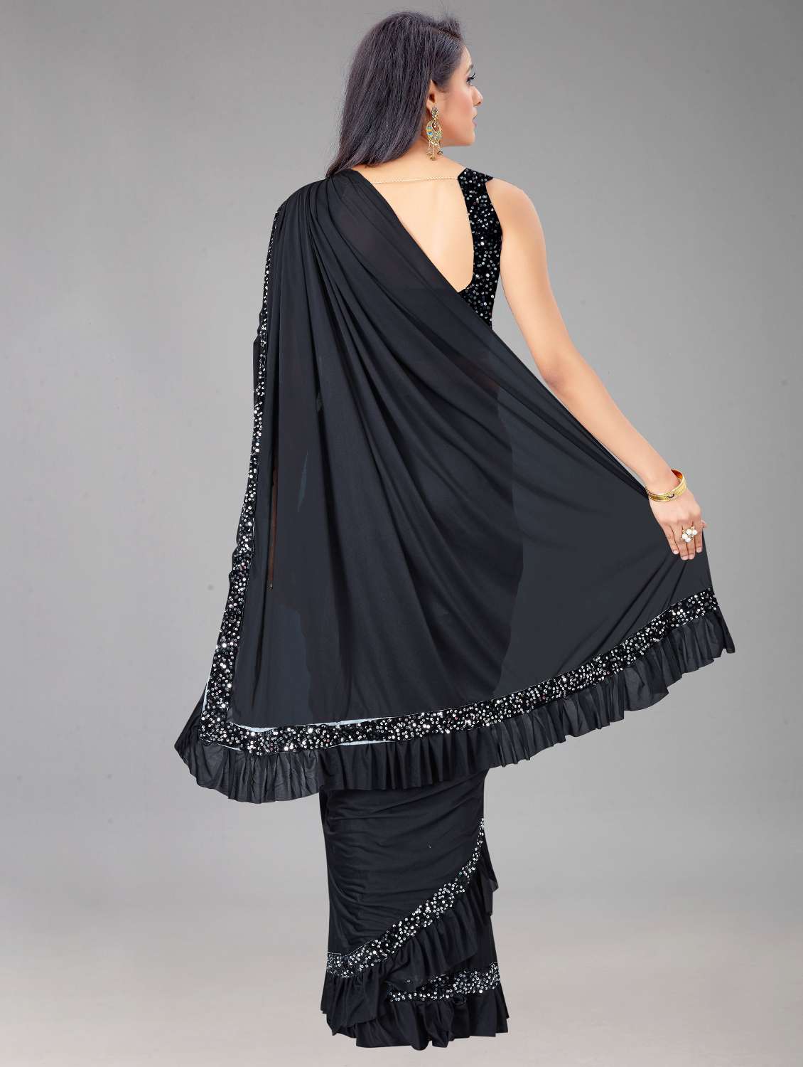 women's solid with work black colored saree with blouse - 18693070 -  Standard Image - 1