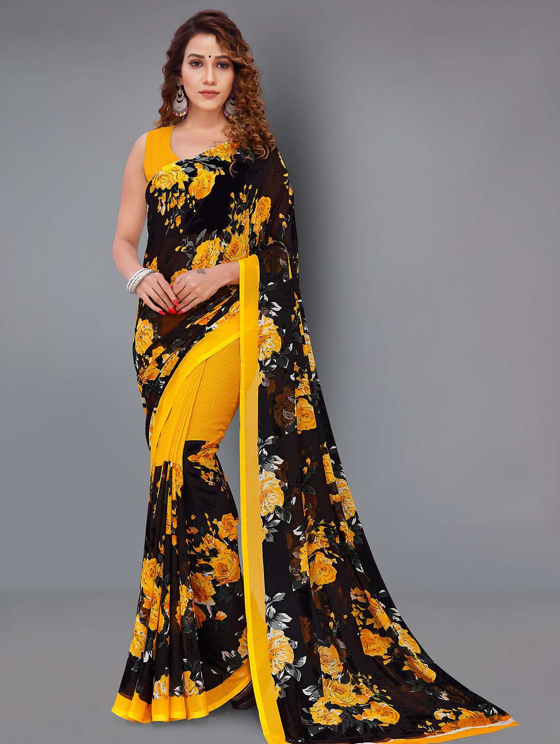 women's floral black colored saree with blouse