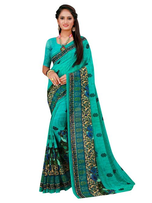women's floral turquoise colored saree with blouse - 18696396 - Standard Image - 0
