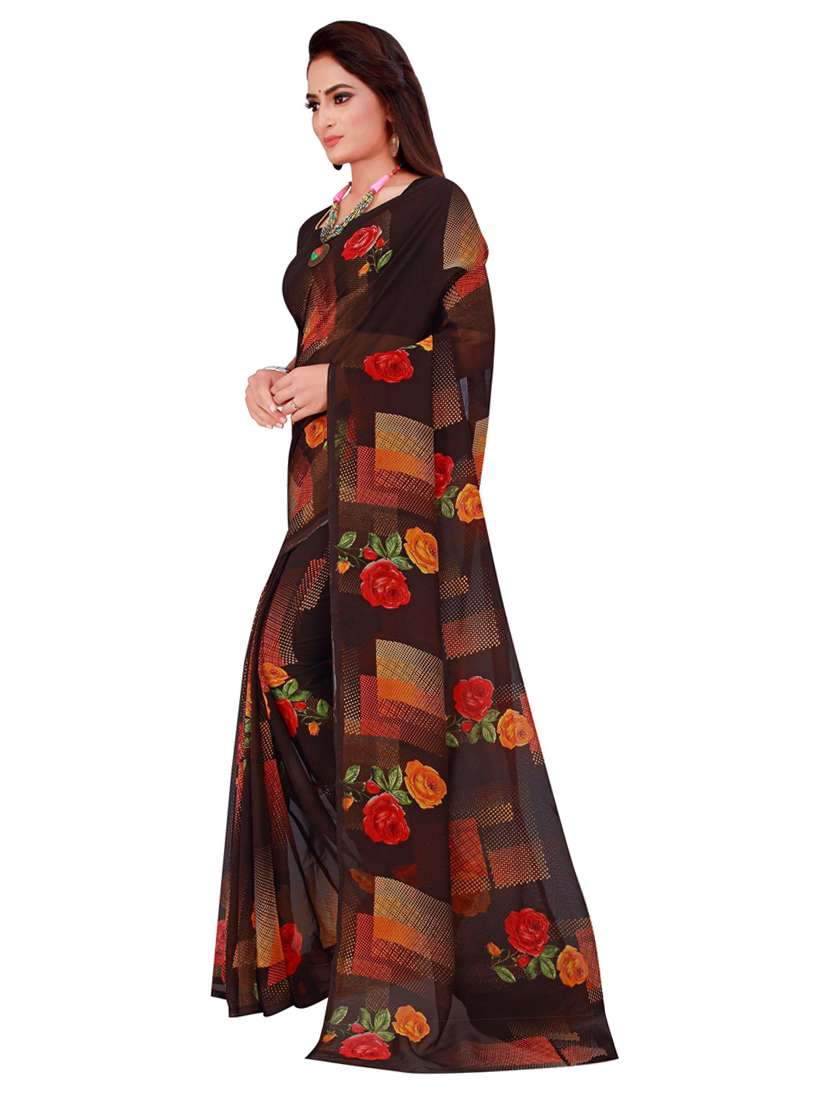 women's floral brown colored saree with blouse - 18696638 -  Standard Image - 1
