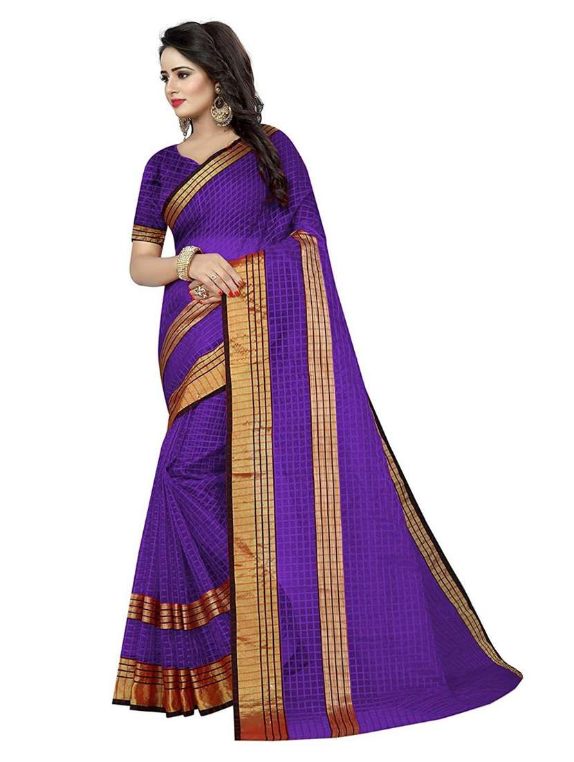 women's checks purple colored saree with blouse - 18696679 -  Standard Image - 1