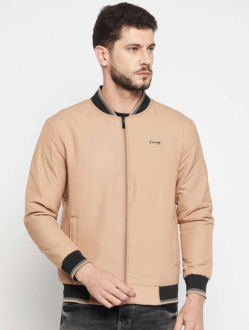 beige henley neck bomber jacket