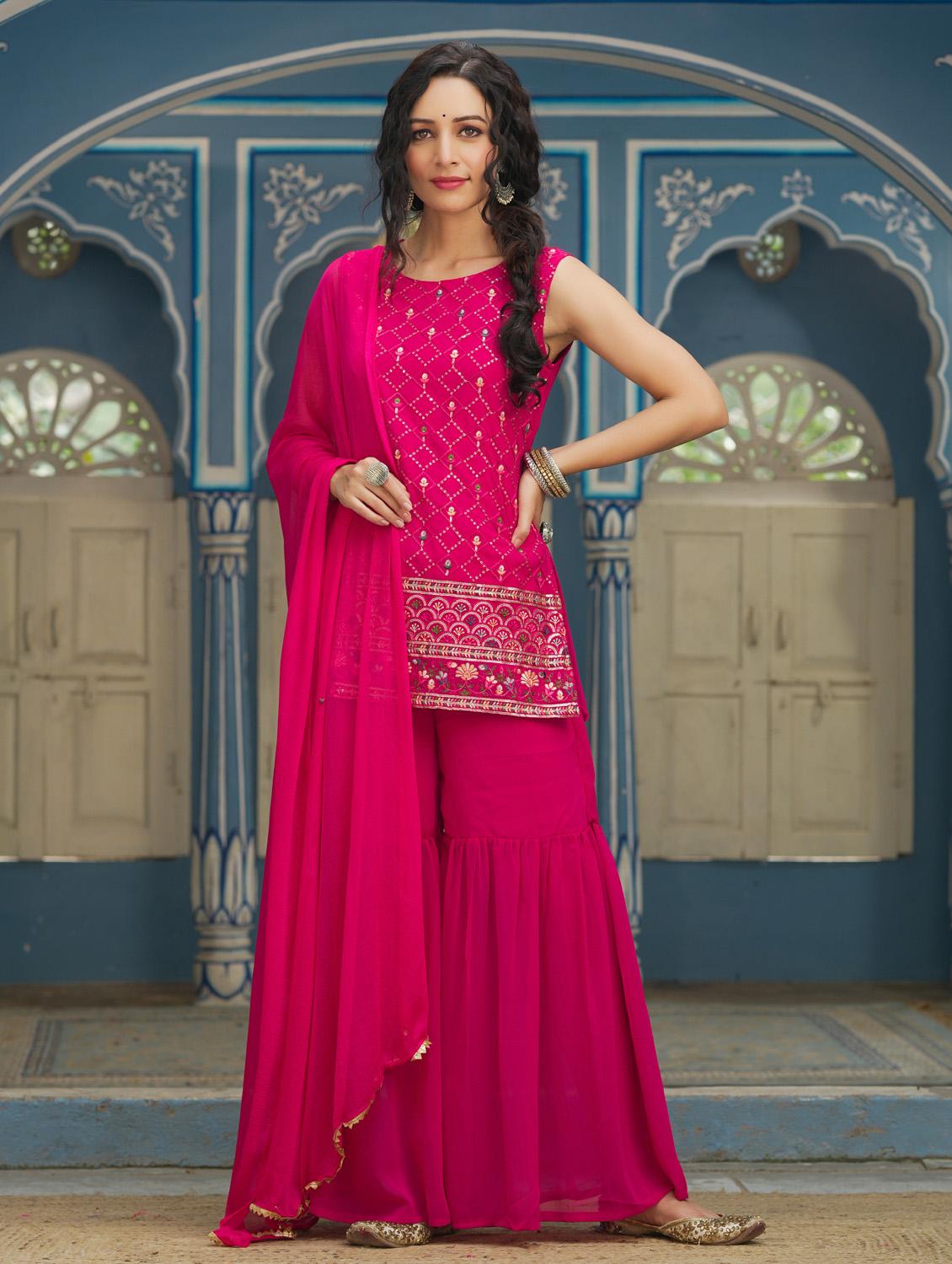 fuchsia kurta sharara set with dupatta - 18699878 - Standard Image - 1