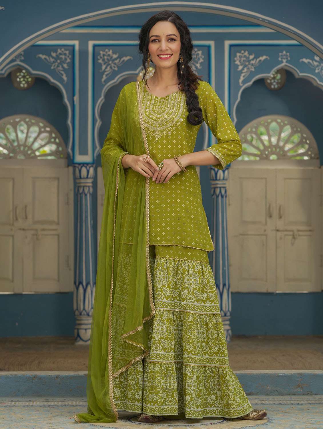 green kurta sharara set with dupatta