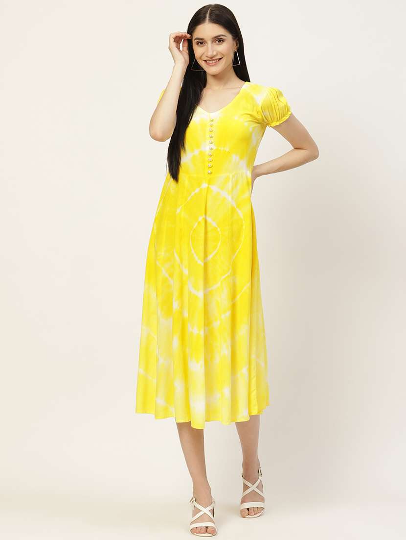 yellow rayon flared ethnic dress