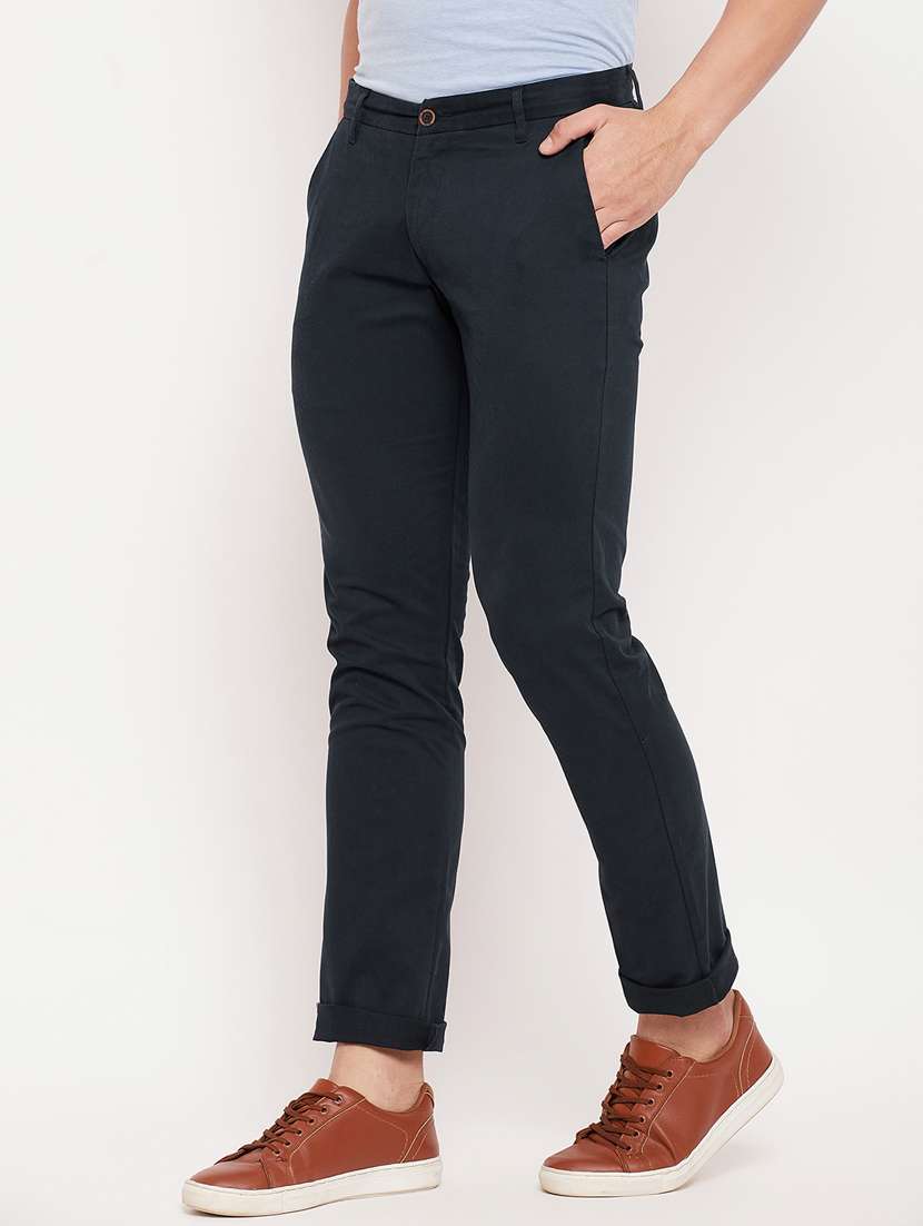 blue cotton flat front casual trousers - 18701464 -  Standard Image - 1