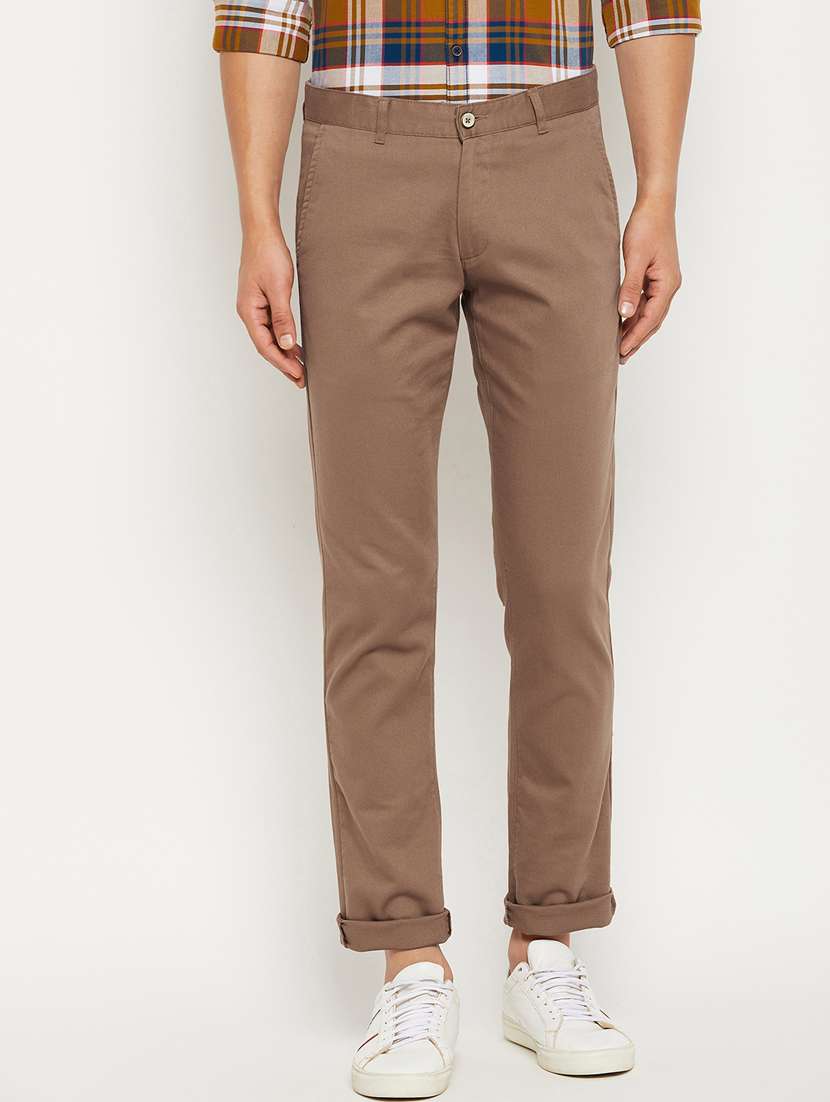 brown solid flat front casual trouser