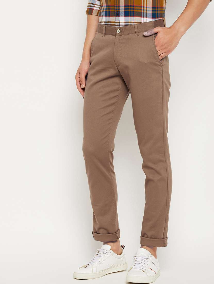 brown solid flat front casual trouser - 18701662 -  Standard Image - 1