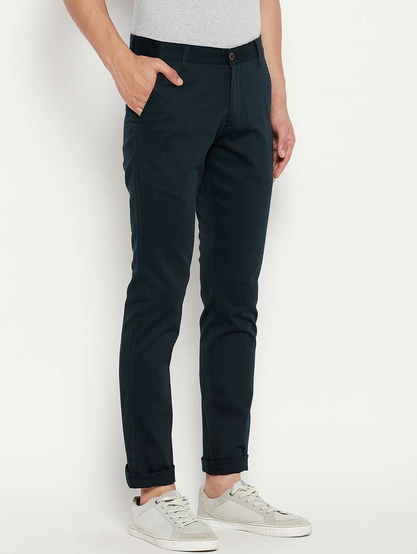 blue solid flat front casual trouser - 18701663 -  Standard Image - 1