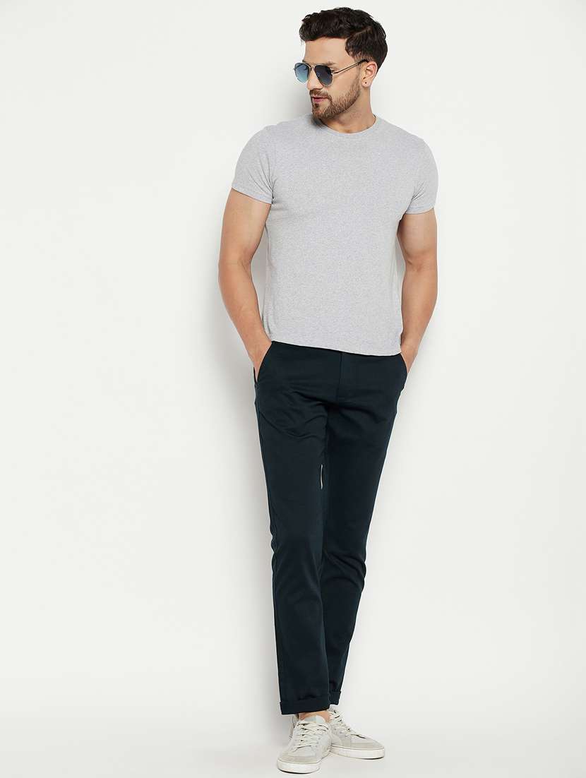 blue solid flat front casual trouser - 18701663 -  Standard Image - 4