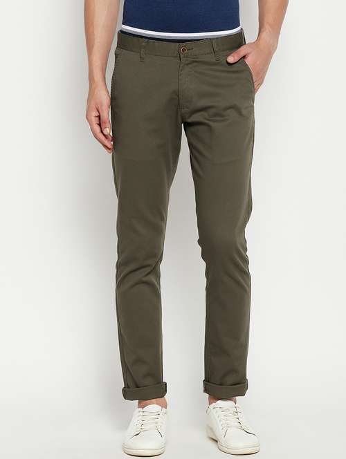 green solid flat front casual trouser - 18701664 -  Standard Image - 0