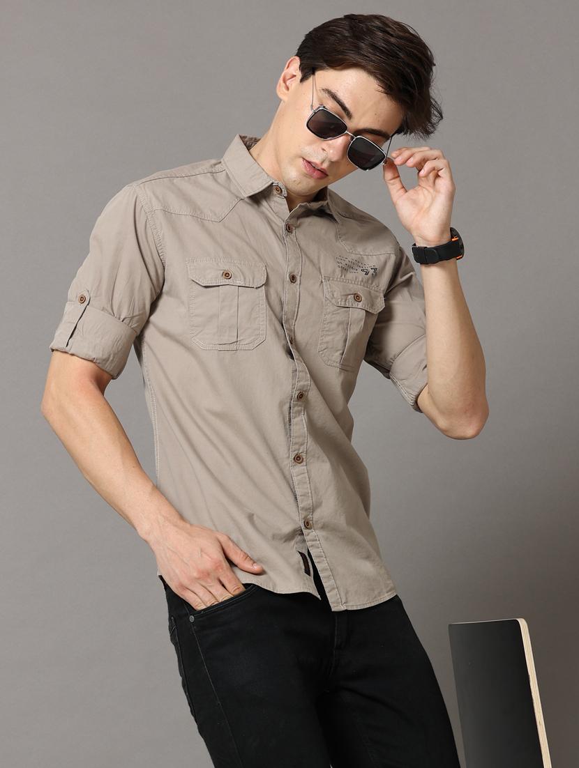khaki colored solid casual shirt - 18720717 - Standard Image - 1