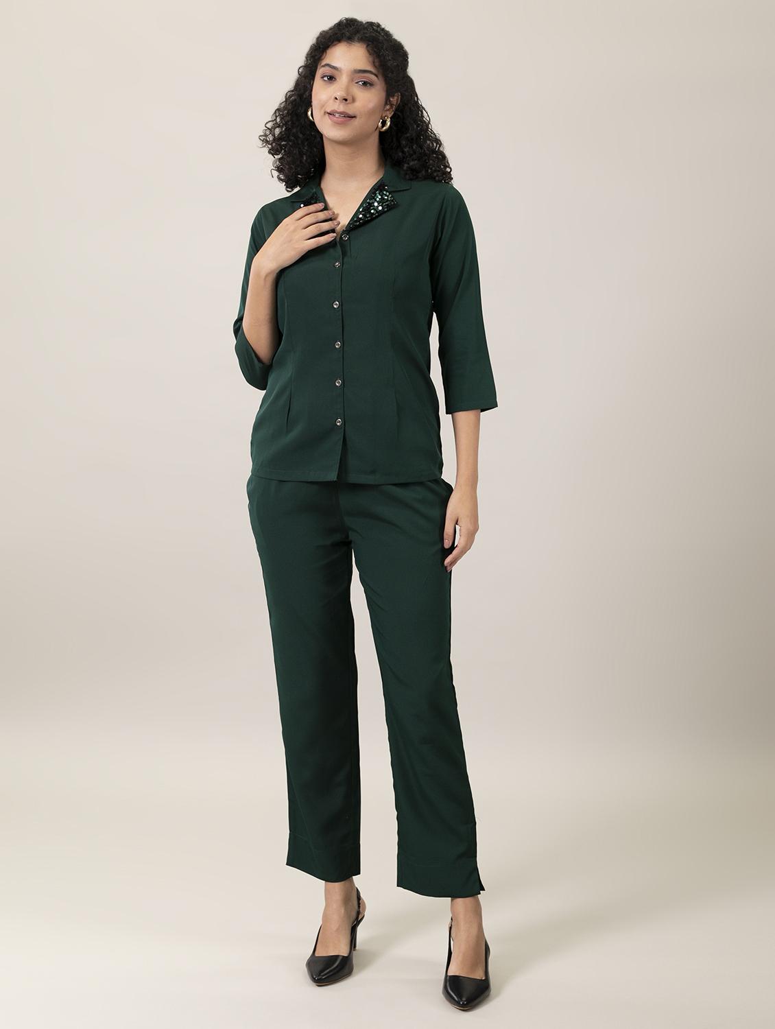 bottle green sequined lapel collar top & trouser set - 18720837 -  Zoom Image - 0