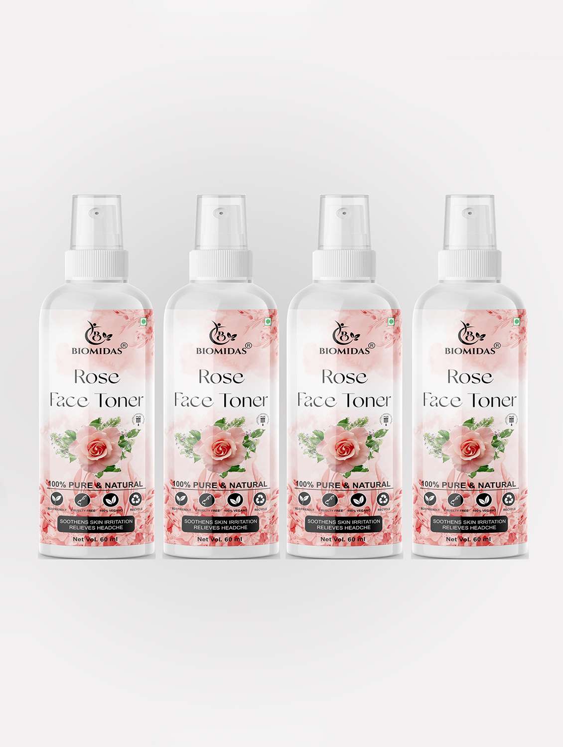 biomidas 100% natural rose toner for cleansing & refreshing skin pore tightening toner with spray 60ml (pack of 4)