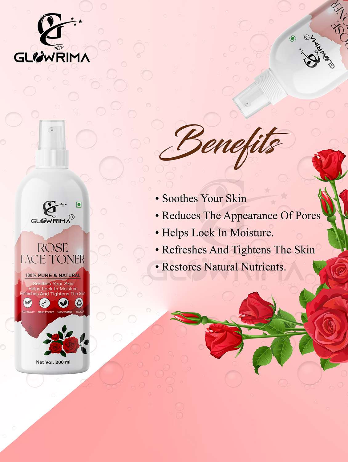 glowrima 100% natural rose toner for cleansing & refreshing skin pore tightening toner with spray 200ml (pack of 1) - 18722519 -  Standard Image - 1