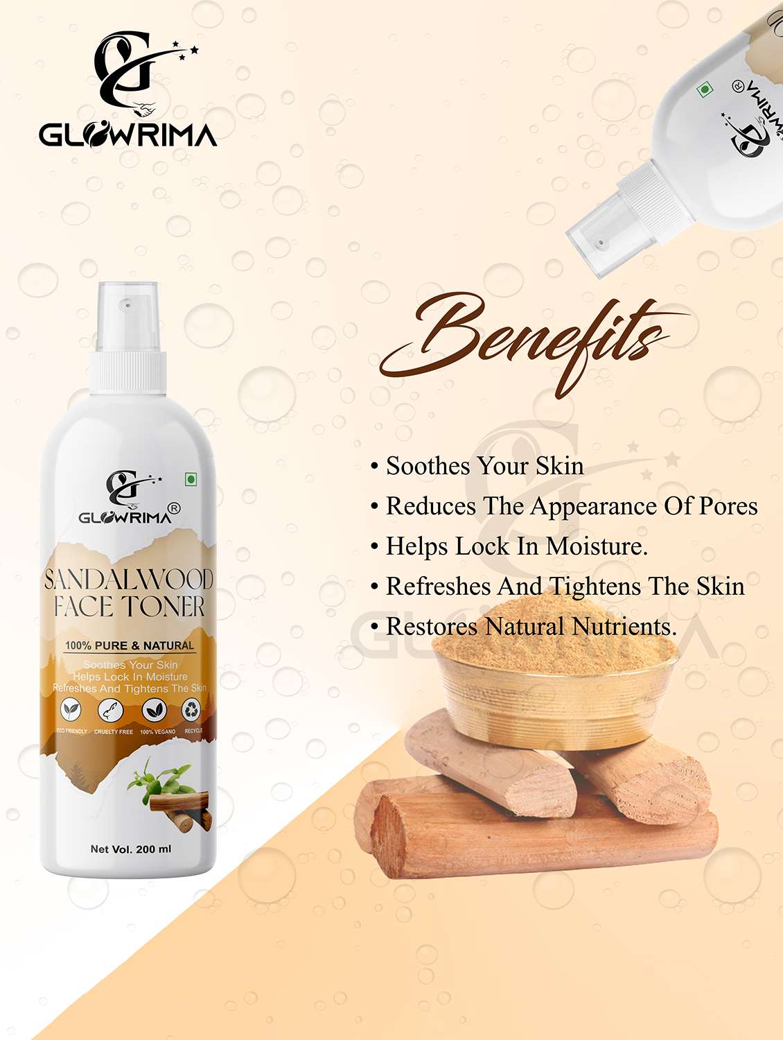 glowrima 100% natural sandalwood toner for cleansing & refreshing skin pore tightening toner with spray 200ml (pack of 2) - 18722523 -  Standard Image - 1