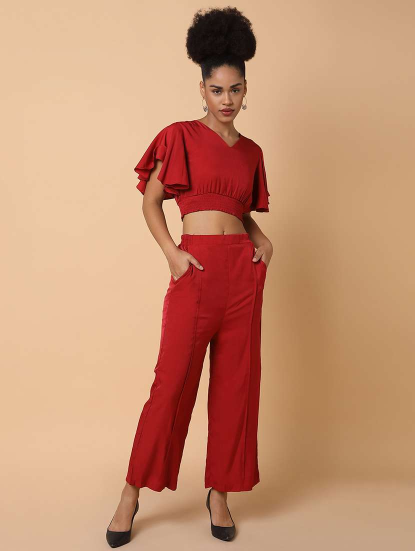 red polyester top and palazzos set 