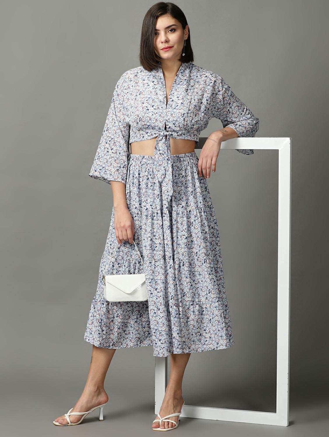 blue floral polyester top and skirt set 