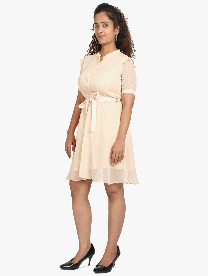 beige striped polyester a-line dress - 18735494 -  Standard Image - 1