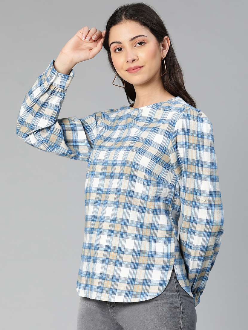 round neck checkered regular top - 18735728 - Standard Image - 1