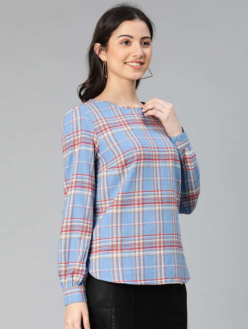 round neck checkered regular top - 18735732 -  Standard Image - 1