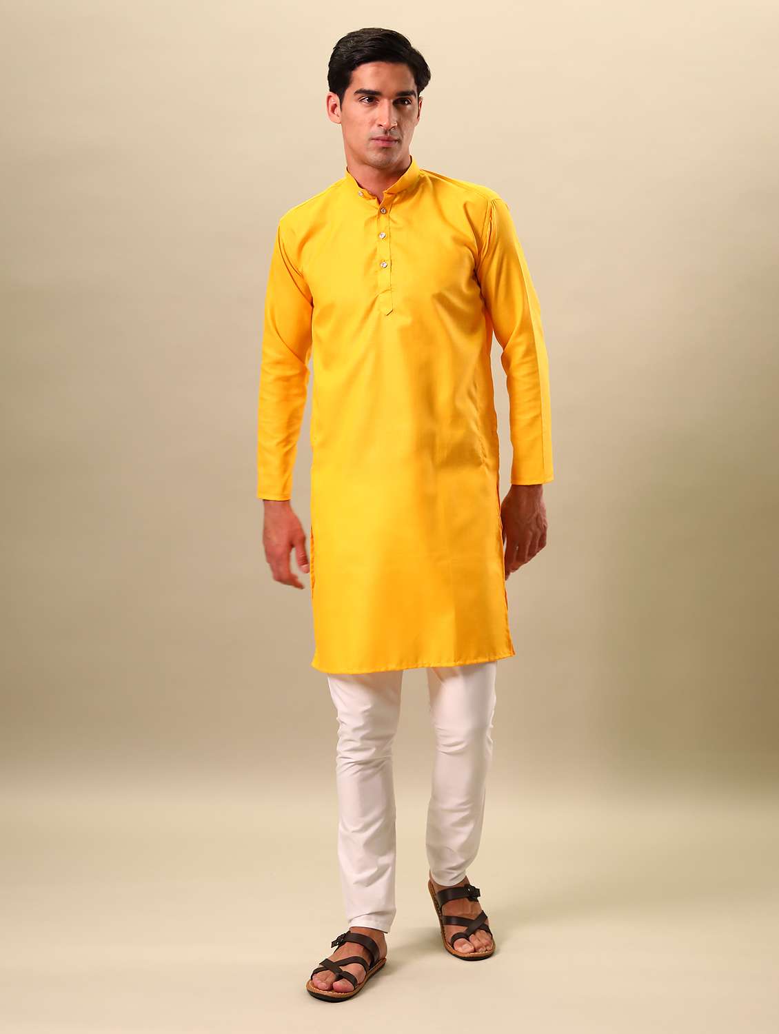 yellow solid mandarin long kurta