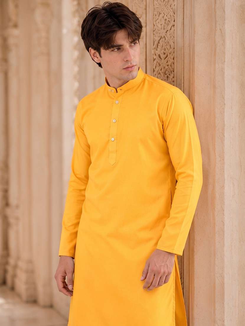 yellow solid mandarin long kurta - 18736568 -  Standard Image - 1
