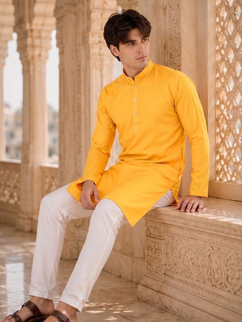 yellow solid mandarin long kurta - 18736568 -  Standard Image - 4