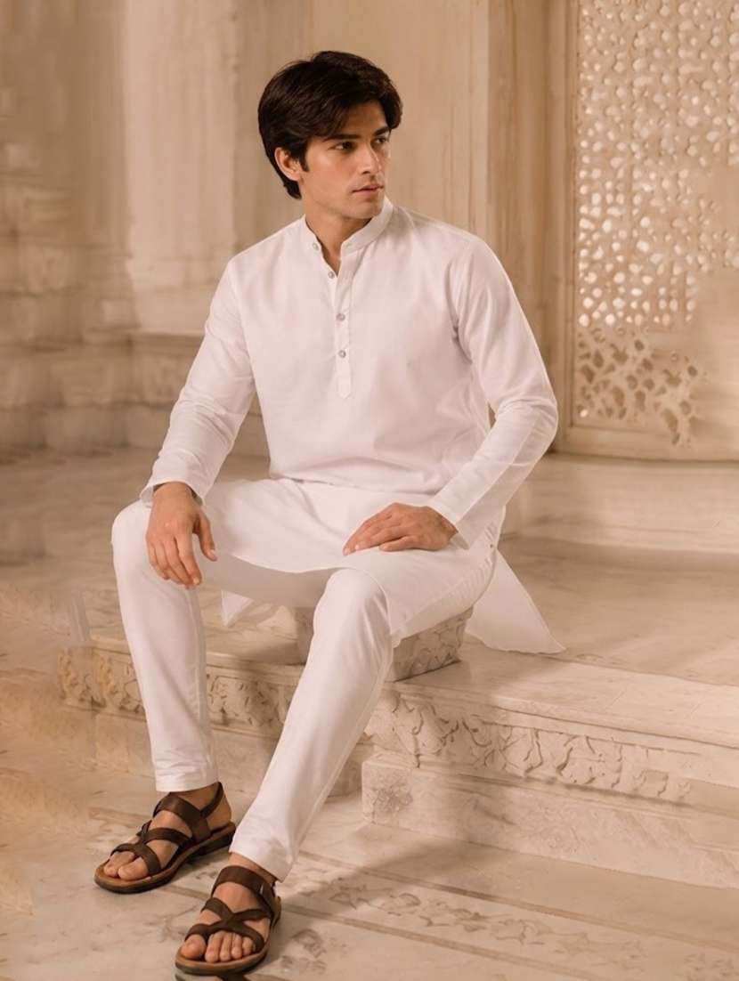 white solid mandarin neck kurta - 18736575 -  Standard Image - 4