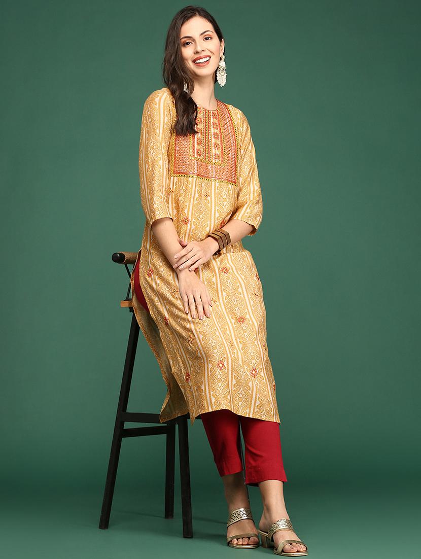 mustard embroidered straight kurta - 18736698 -  Standard Image - 1