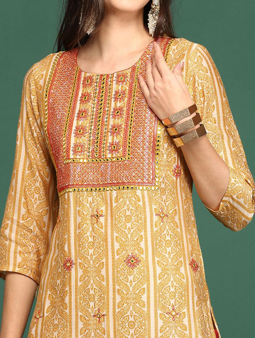 mustard embroidered straight kurta - 18736698 - Standard Image - 4