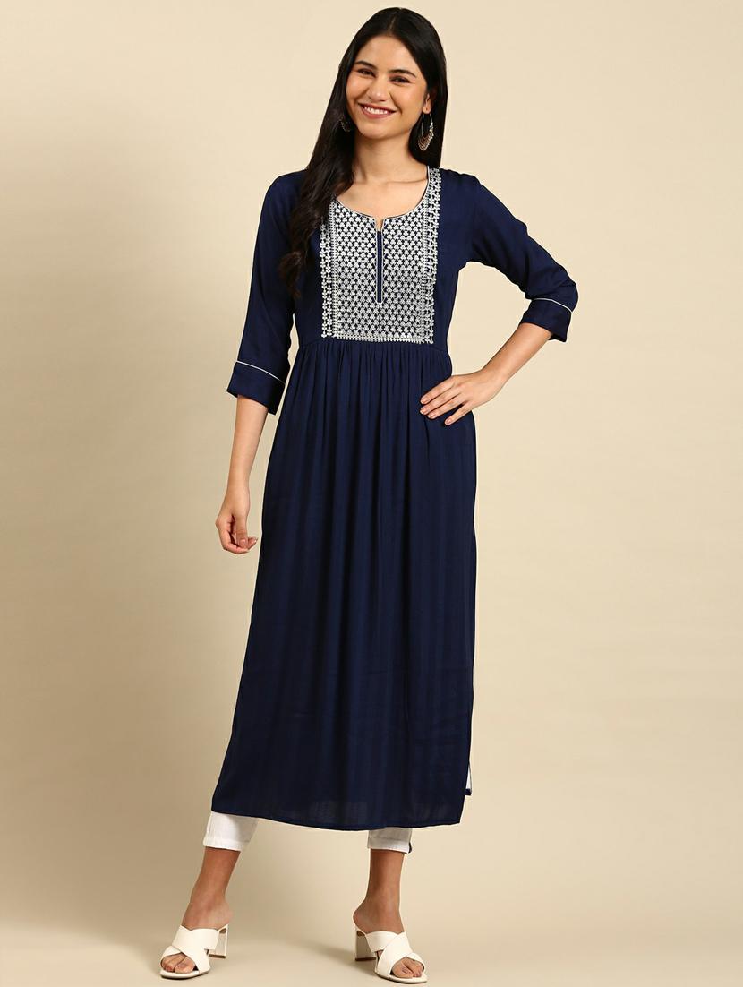 navy blue embroidered flared kurta - 18736735 - Zoom Image - 0