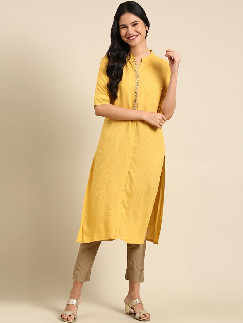 yellow embroidered straight kurta - 18736737 -  Standard Image - 1