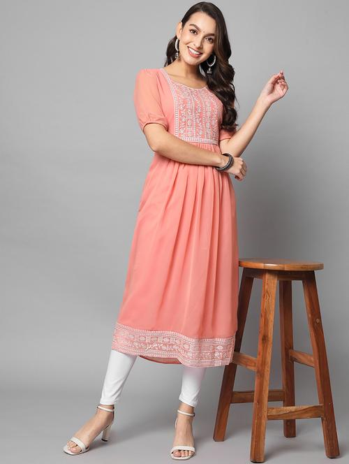 peach georgette flared kurta - 18738019 - Standard Image - 0