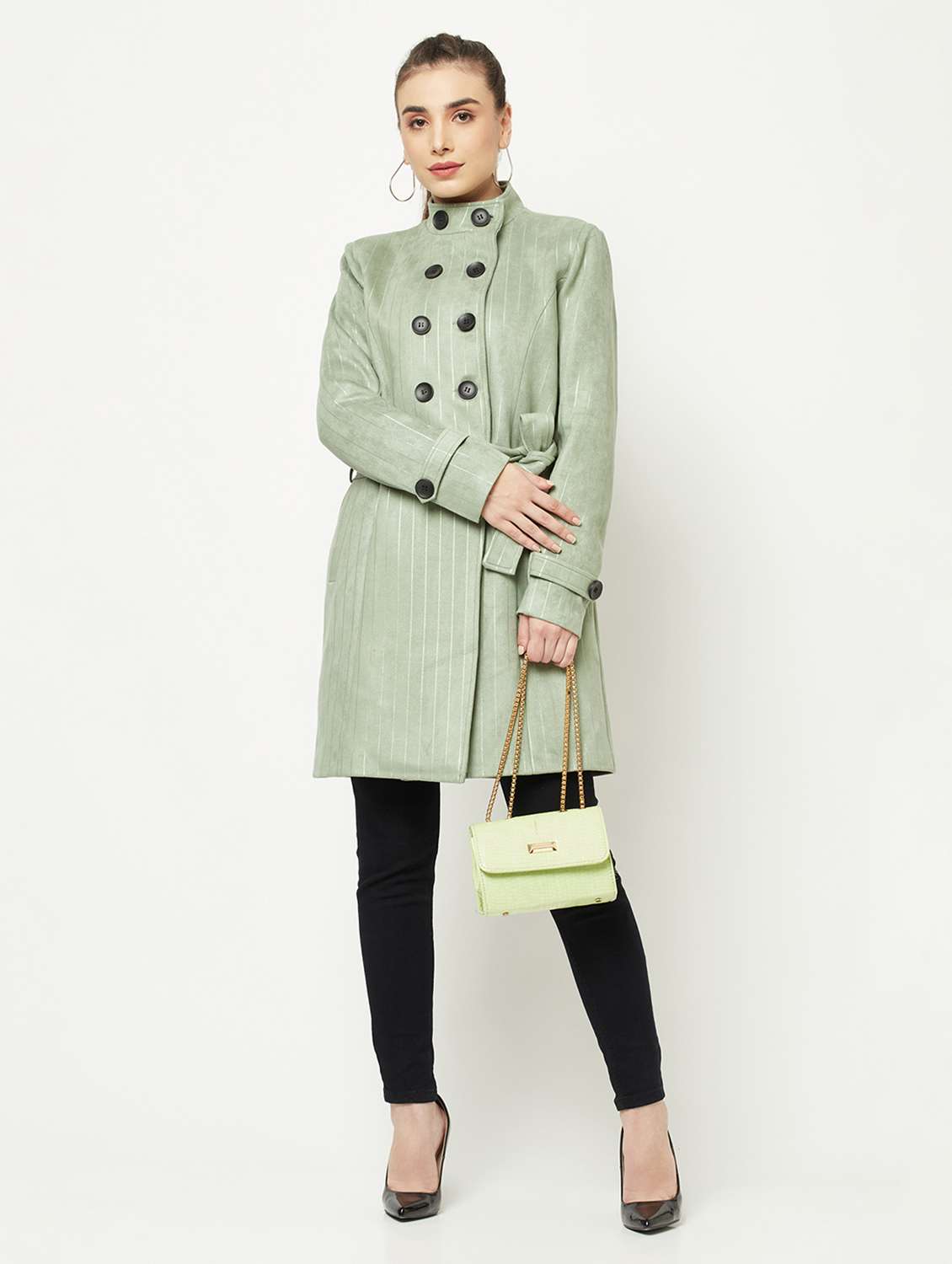 green tie front stripes trench coat